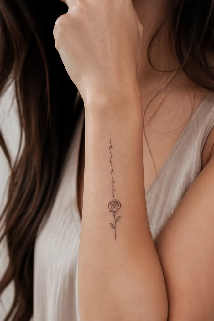 A vertical tattoo on the forearm showing a maiden name in small black script. Under the last letter, a single delicate flower (like a simple rose outline) sits with a thin stem and a few tiny leaves.