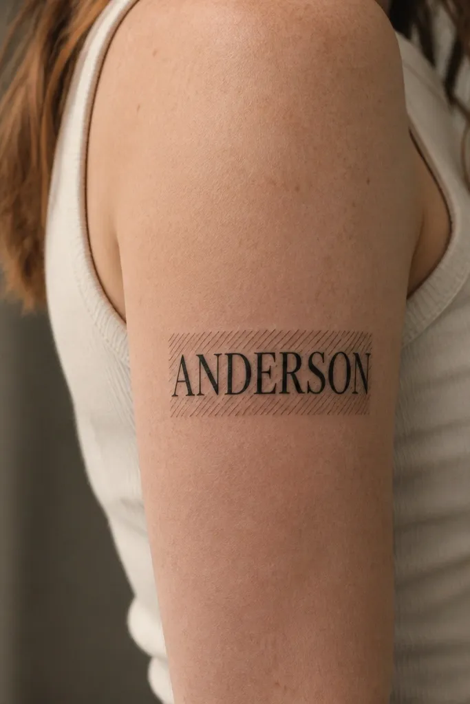 Upper arm tattoo: the maiden name in bold black serif letters. Behind or around parts of the text, there's subtle crosshatch shading made of short angled lines, staying mostly within a rectangular band.