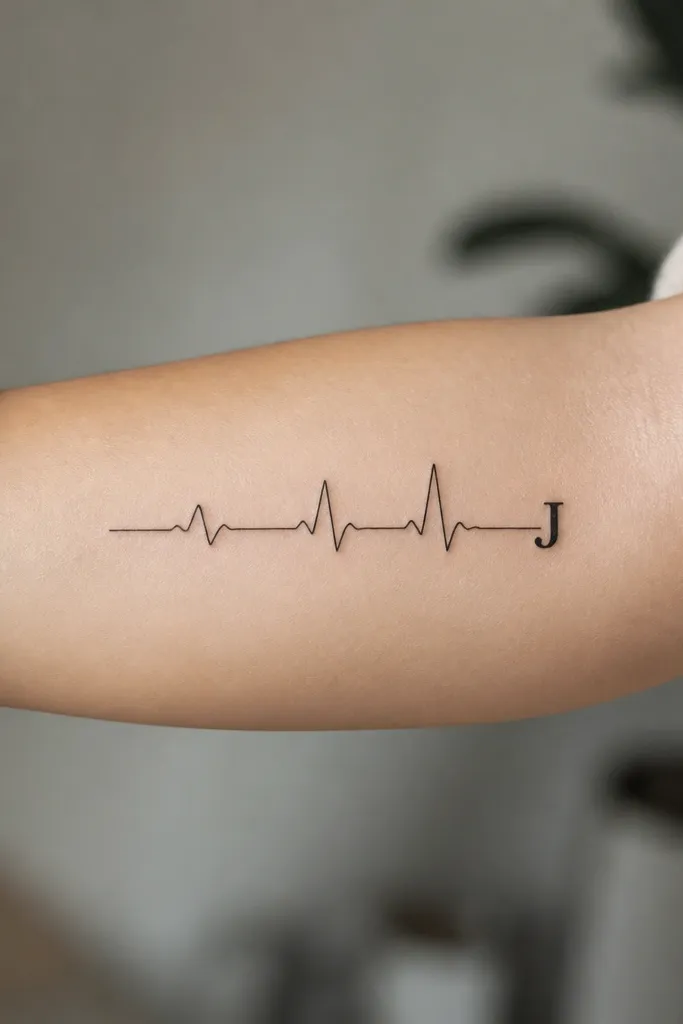 A forearm tattoo where a thin heartbeat line runs horizontally. It rises and dips, then ends in a small, bold last initial shaped like a clean letterform, all in black ink.