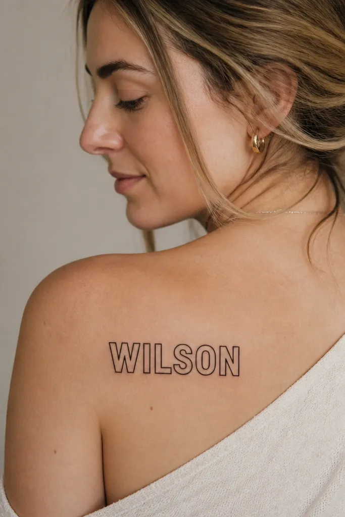 A tattoo where the maiden name appears as crisp black letter outlines with the inside left as skin (negative space). The outer stroke is solid black, and there's no shading.