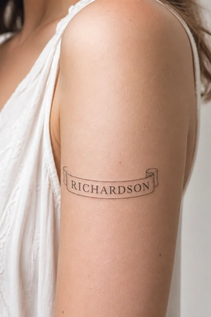 A small upper arm tattoo showing a slim curved banner that wraps slightly around the arm. The maiden name is printed in black, with the banner edges outlined in thin black lines.