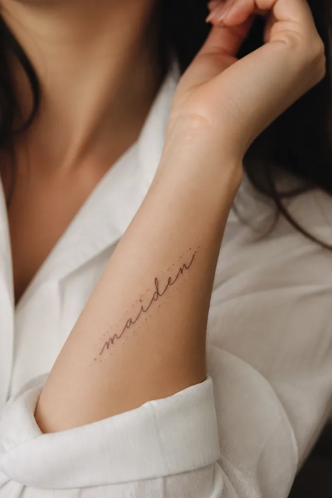 Forearm tattoo: the maiden name in clean black script with a few tiny dot sparks scattered above and around select letters. The dots are small, evenly spaced, and fade outward.