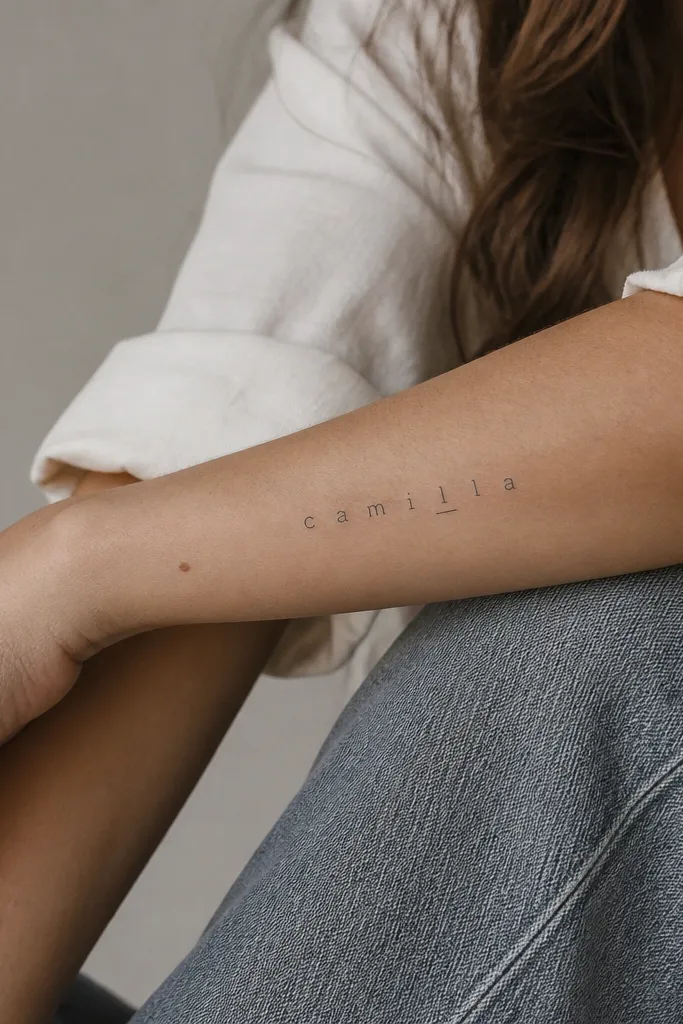 A delicate forearm tattoo in monoline black letters. There's a tiny underscore line under only one section of the name, like a faint emphasis mark, with no other decoration.