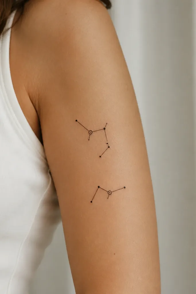 Two small constellation tattoos in black fine line on the upper arm. Each has five to six tiny dots connected by thin lines, with one dot marked with a slightly thicker outline to show the shared star.