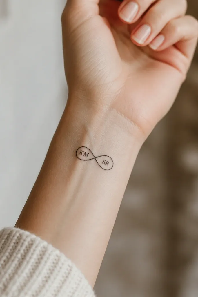 A black infinity symbol on the wrist with two small initials inside each loop. Mom's initials are in the left loop and daughter's are in the right loop, both in small serif lettering.