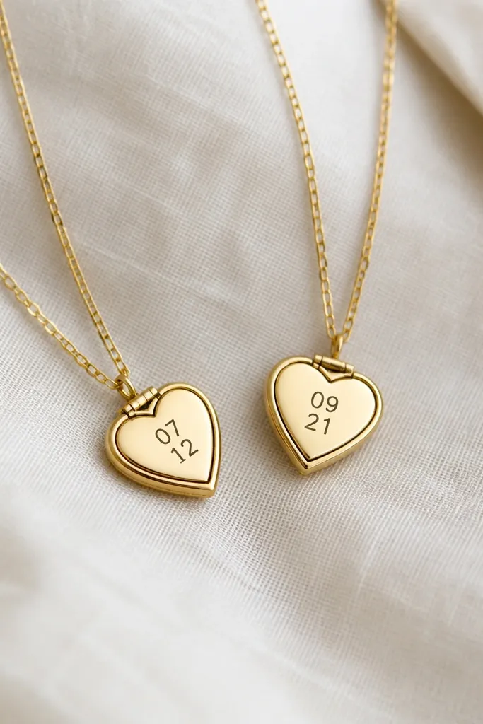 Two small heart-shaped lockets in black outline. Each locket has a tiny line at the top like a hinge, and inside the heart are two short numbers in a neat micro-font.