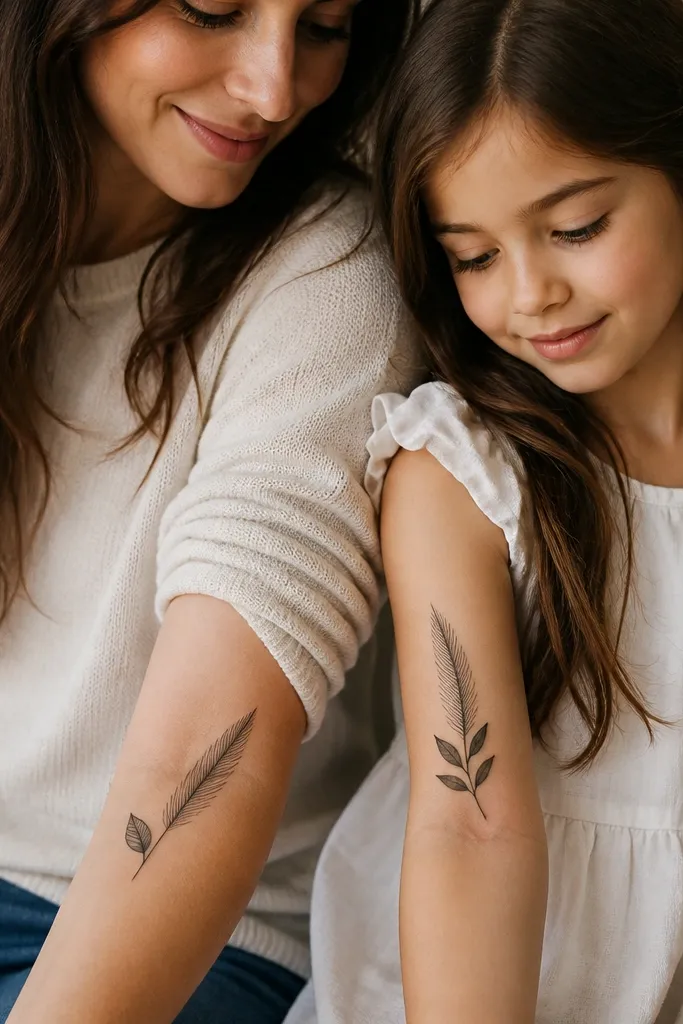 A thin black feather on mom's inner forearm with a single leaf branching off near the base. Daughter has a matching leaf and a feather, but the leaf is emphasized with slightly thicker lines.