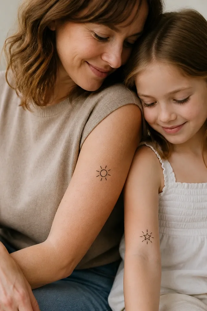 A small black sun with short rays on mom's upper arm, and a small black star with the same ray style on daughter's forearm. The rays match in length and shape between the two designs.