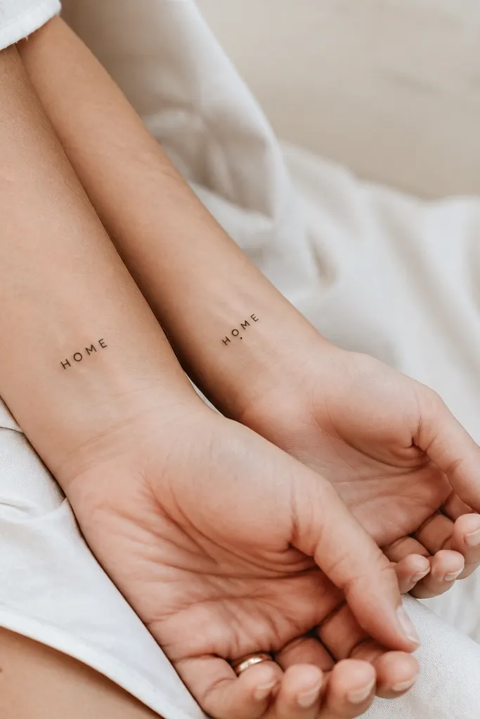 Tiny black lettering on two inner wrists. Mom's has the word "HOME" in small uppercase letters; daughter's has "HOME" in the same font, slightly smaller, with a tiny dot under the O.