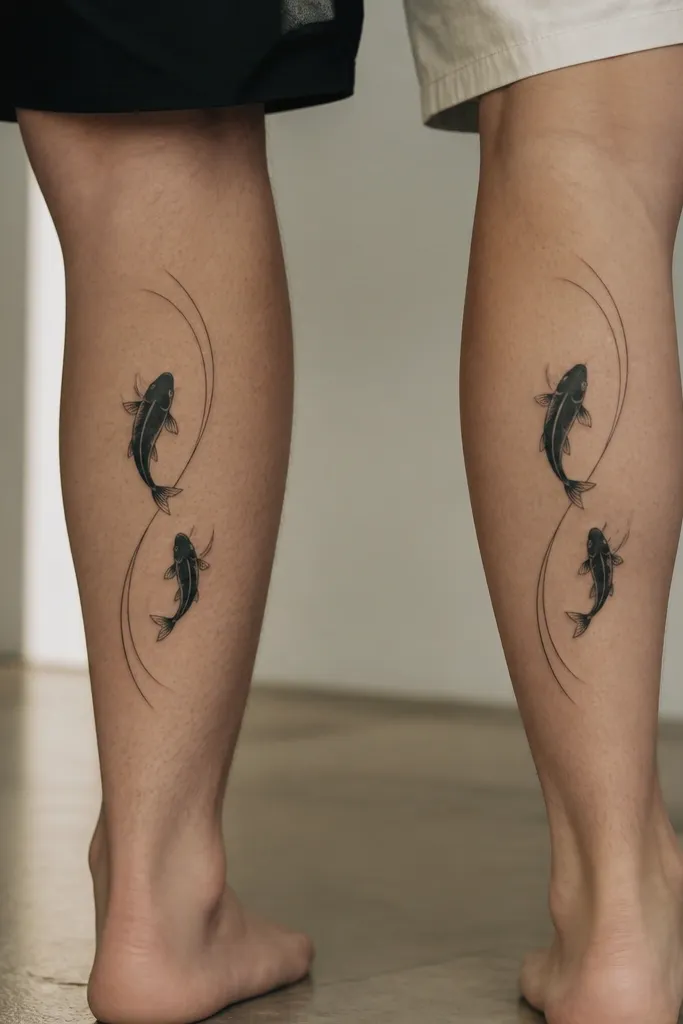 Two small black koi fish silhouettes on matching calves. Both fish face the same direction and share one long curved wave line that runs beside them.