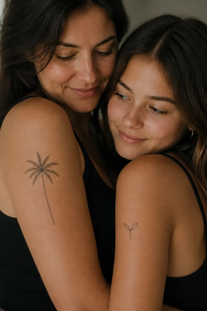 Mom has a small palm tree with a trunk and a few fronds in black fine line on her upper arm. Daughter has a tiny seedling with two leaves, also black fine line, placed just below the fronds area.