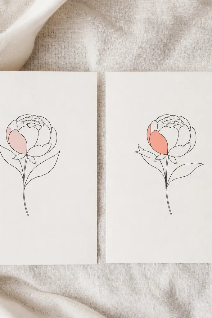 Two small peony buds in black outline. Each has a single accent color petal - mom uses soft blush pink, daughter uses a slightly warmer coral pink - with the rest in black fine line.