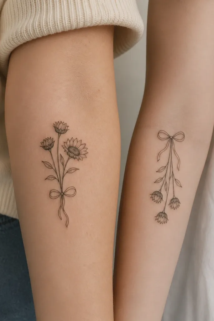 A matching pair of small sunflower-themed line tattoos. Mom's tattoo shows two buds and one half-open flower wrapped in a thin ribbon bow at the bottom. Daughter's tattoo shows three buds with a ribbon bow at the top. Both ribbons have the same knot shape and tail curl.