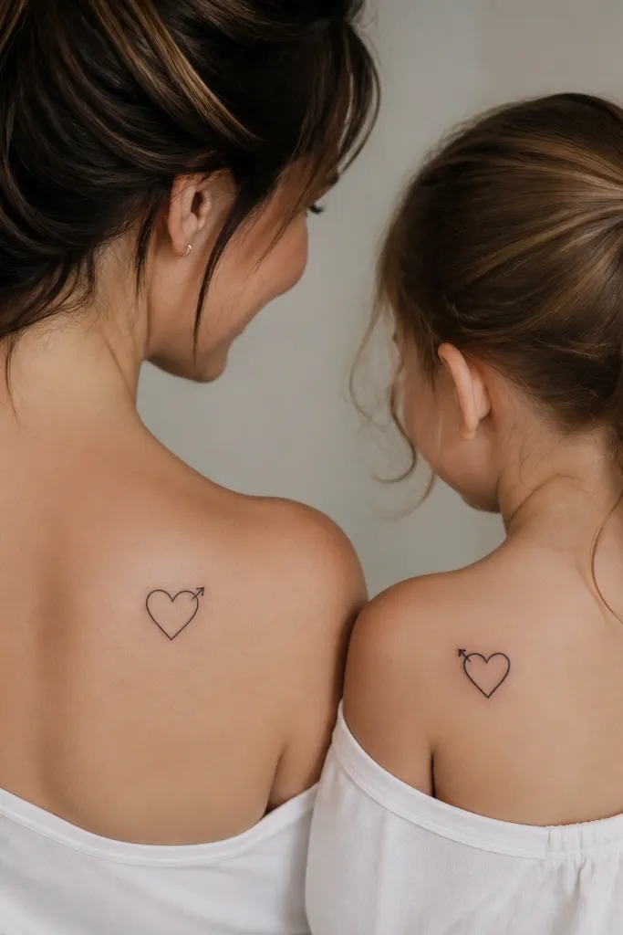 Mom and daughter have small heart tattoos with a minimalist arrow. Mom's heart is a clean outline with a tiny arrow tip sitting at the top right. Daughter's heart is a filled heart outline with the same arrow tip but positioned at the top left. Both hearts have a slight curve like a hand-drawn sketch.