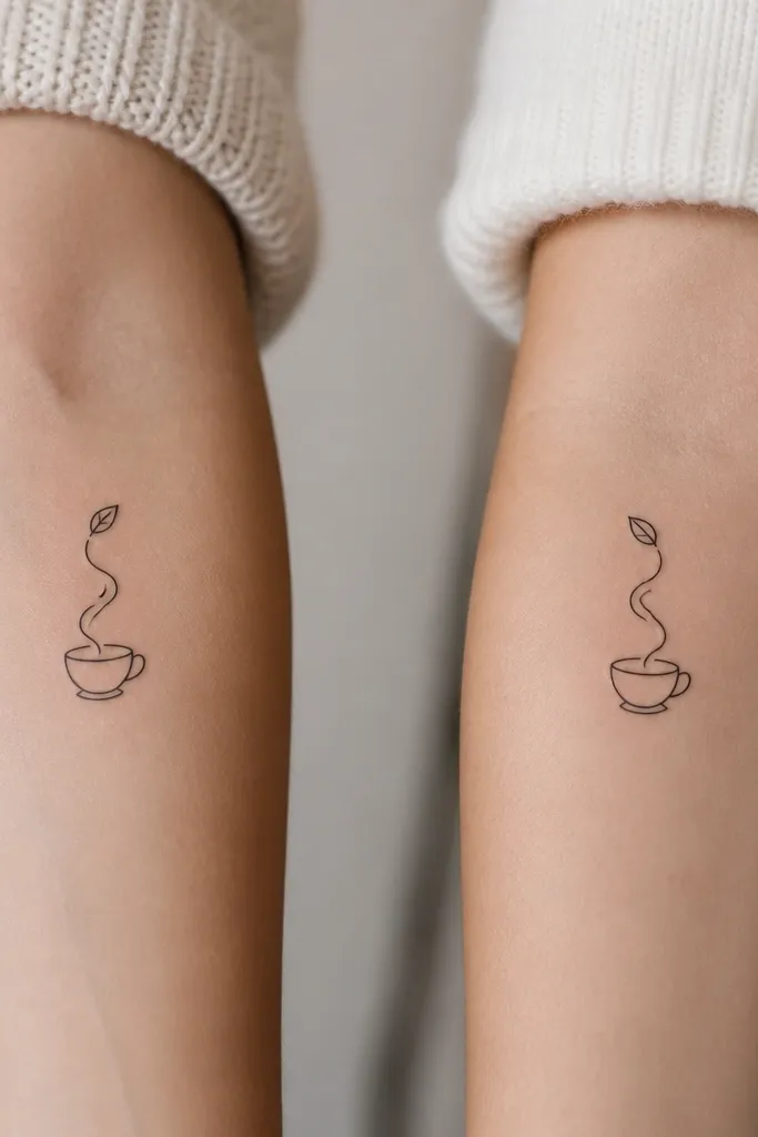 A small line tattoo of a teacup with a looping steam curl. Mom's steam curl ends in a tiny leaf shape at the top. Daughter's tattoo shows the same teacup and steam, but the tiny leaf is mirrored and placed at the end of the steam curl too.