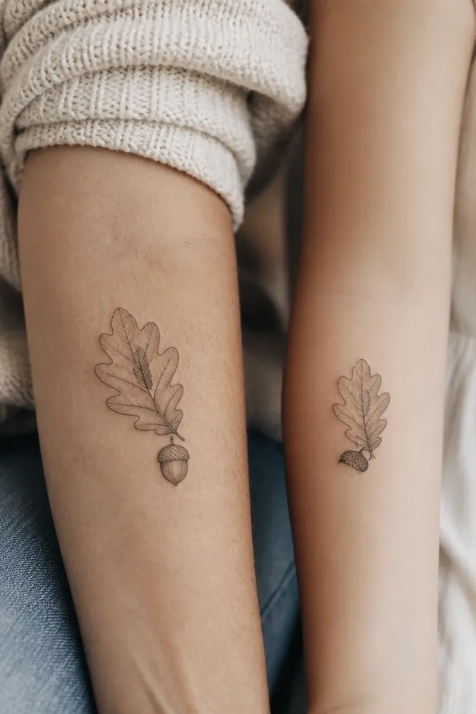 Mom has a small acorn with an oak leaf on the forearm. Daughter has a small oak leaf with an acorn cap tucked at the base. Both include one tiny feather shape inside the leaf veins - same size and angle.