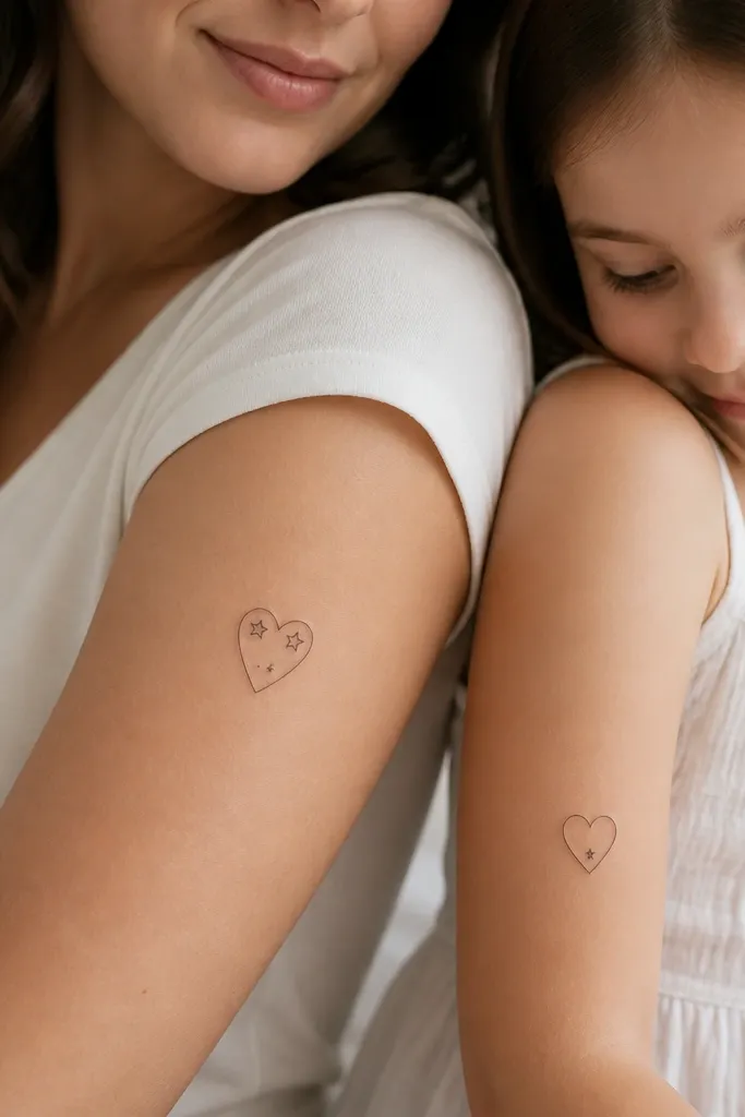 Both tattoos are small hearts made of thin lines. Inside each heart are two stars. Mom's stars are slightly larger and placed near the top. Daughter's stars are smaller and placed near the bottom. The heart outline is the same thickness on both.