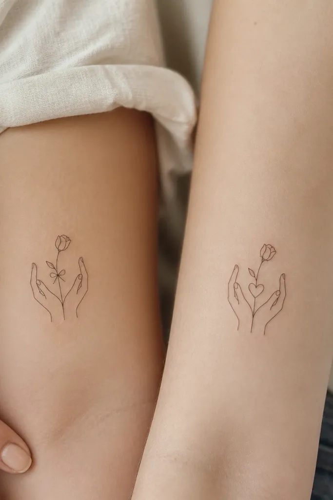 A fine-line pair of tattoos showing two simplified hands cradling a tiny flower bud. Mom's bud has a small bow at the stem. Daughter's bud has a small heart at the base of the stem. The hands are line-drawn with minimal finger detail.