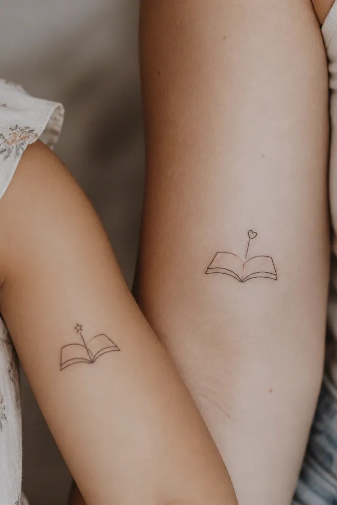Mom and daughter tattoos of a tiny open book. Mom has a bookmark line with a small heart at the top. Daughter has the same open book but the bookmark ends in a tiny star. The pages are single-line arcs, no heavy lines.