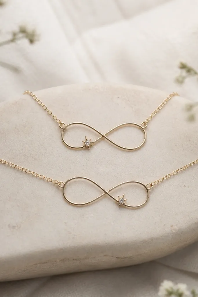 Two infinity symbols drawn in fine line. Mom's infinity has a small sparkle in the center loop. Daughter's infinity has the same sparkle, placed at the same relative position but mirrored. Both have a slightly hand-drawn wobble line.
