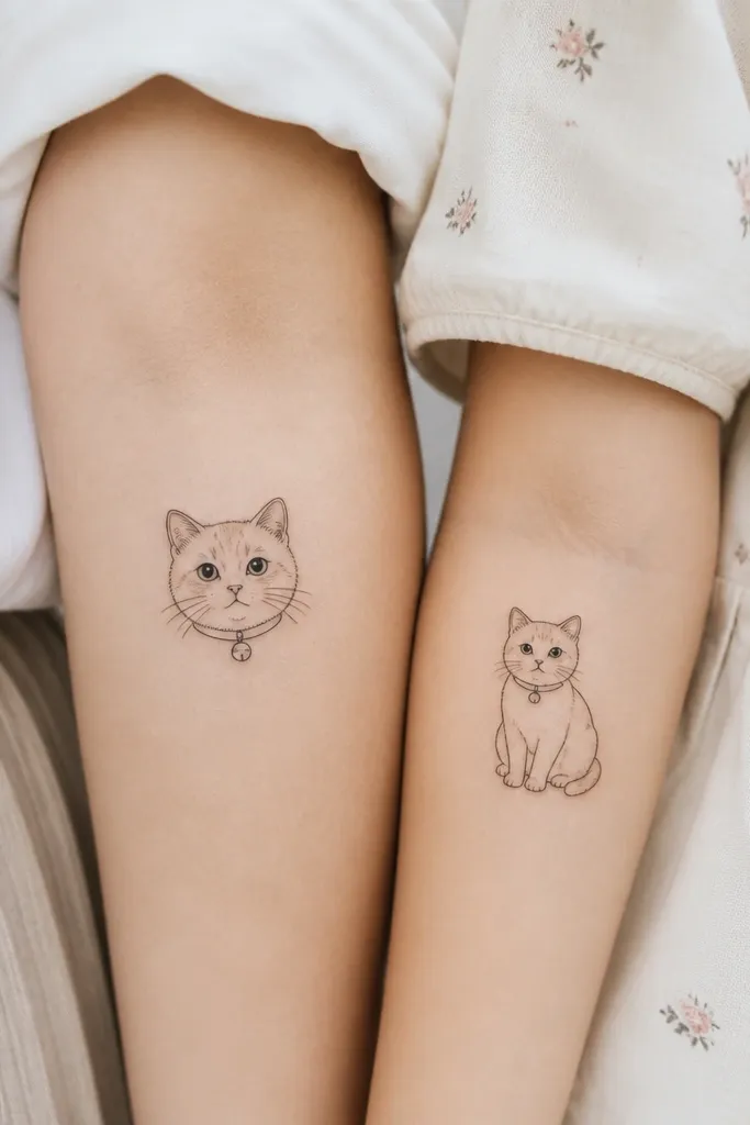 A cute pair of small cat tattoos in fine line. Mom's cat faces forward with a collar bell hanging under the chin. Daughter's cat is in a sitting pose with the same bell shape on the collar. Both cats have rounded ears and tiny whisker lines.