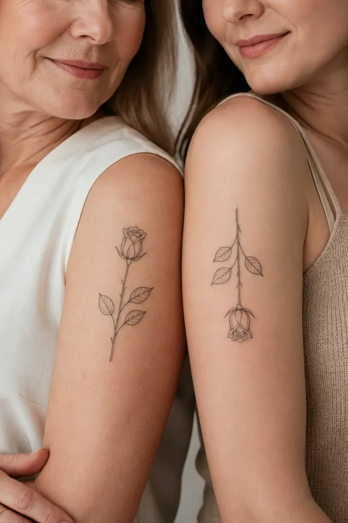 Two tattoos of a rosebud stem where the bud shape is the same. Mom's tattoo has the bud at the top with a small heart hidden in one leaf vein. Daughter's tattoo has the bud at the bottom with the same heart hidden in the same leaf vein position but mirrored.