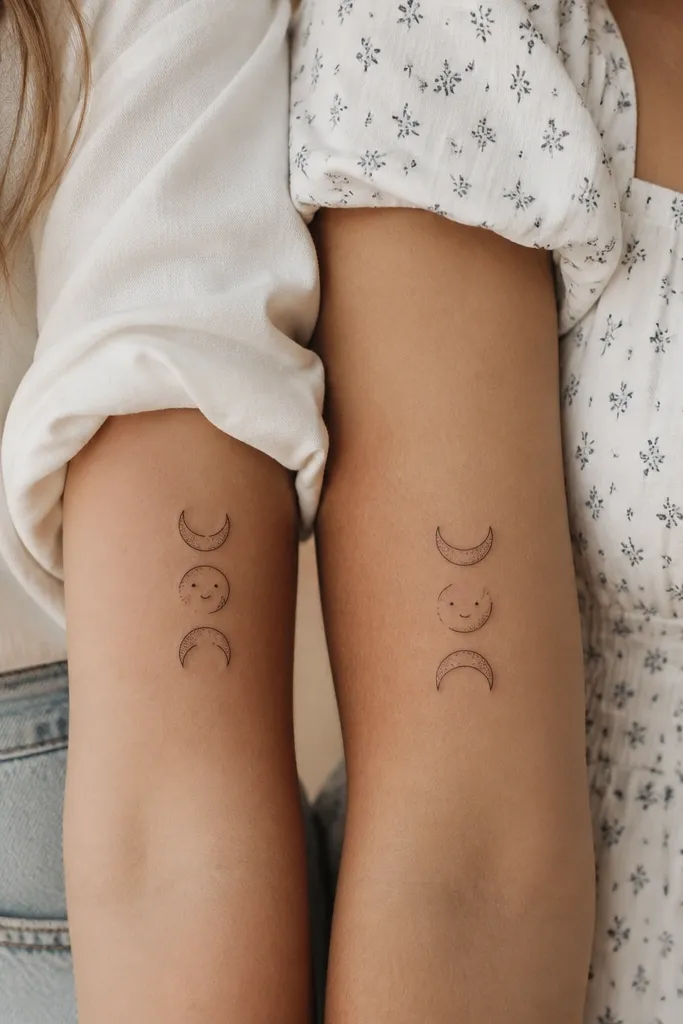 Mom's tattoo shows three moon phases in a vertical line. One moon has tiny dot eyes and a curved smile. Daughter's tattoo shows three moon phases but with the face on the same middle moon shape. The line work is thin, with dot shading on the dark moon portion.