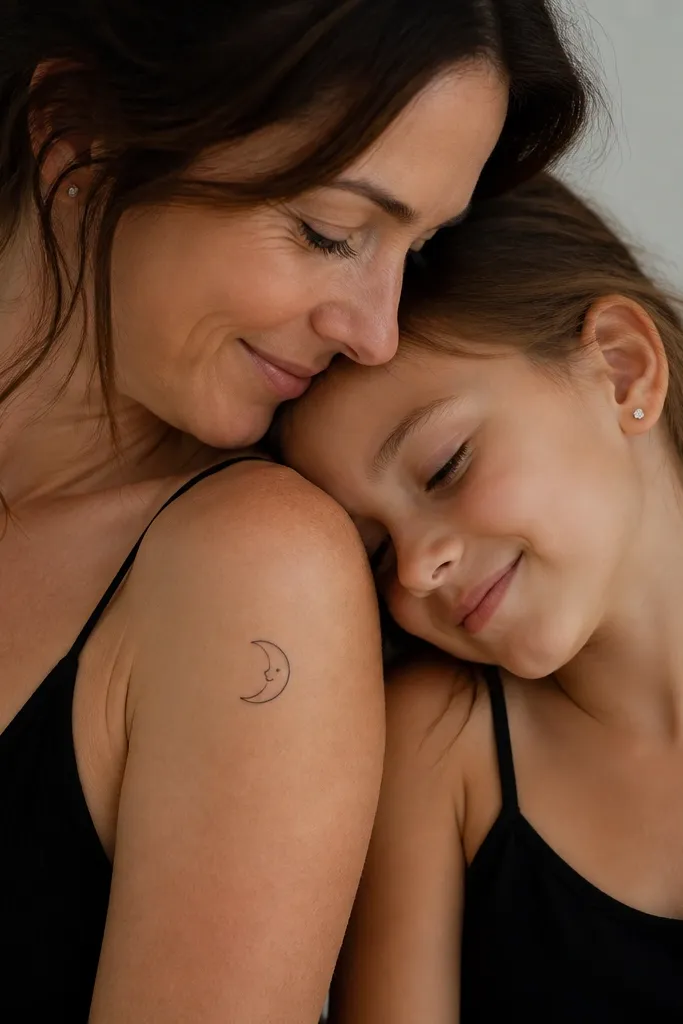 A crescent moon with a tiny face on the mom's upper arm; the daughter has a matching crescent rotated 90 degrees on the collarbone, with the same dot eyes and a small curved smile.