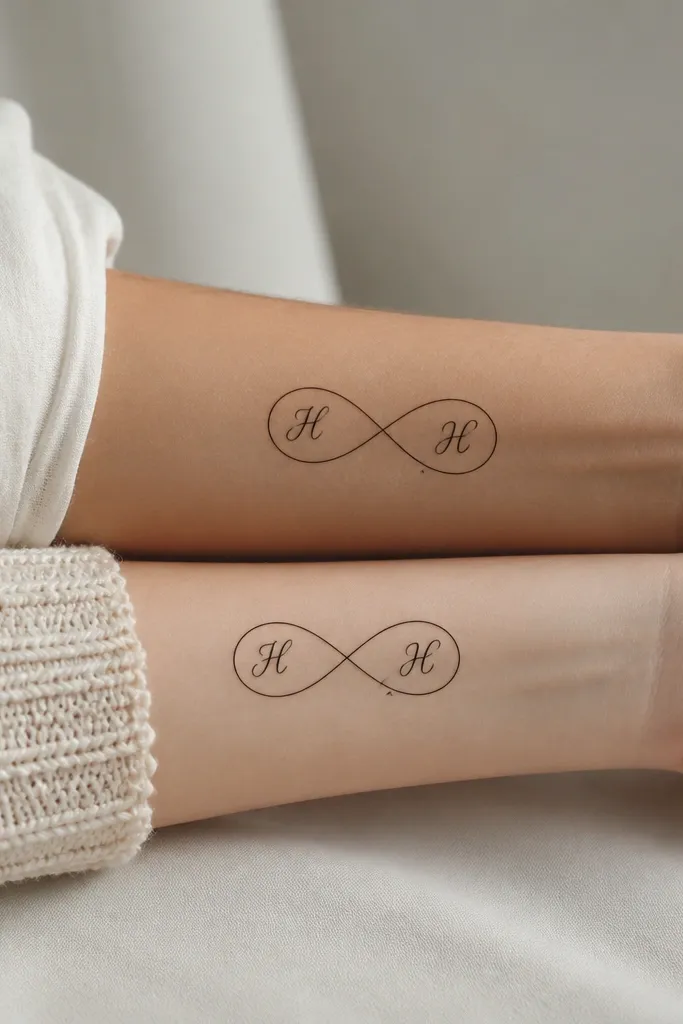 A black infinity symbol with a thin ribbon tail. Inside the left loop, tiny script initials appear, and on the right loop the letters are mirrored; both are placed on forearms.