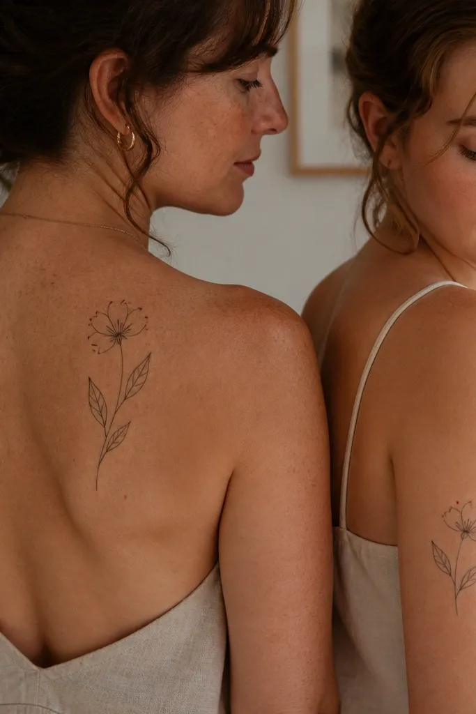 Fine black line flowers with a single tiny dot of muted red on each petal tip. Mom's piece is on the upper back near the shoulder; daughter's is on the outer upper arm.