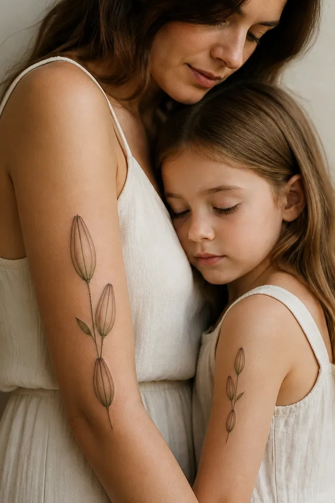 Three lily buds in a vertical arrangement. Mom has larger buds on her forearm; daughter has smaller matching buds on the same line, with a thin stem line connecting them.
