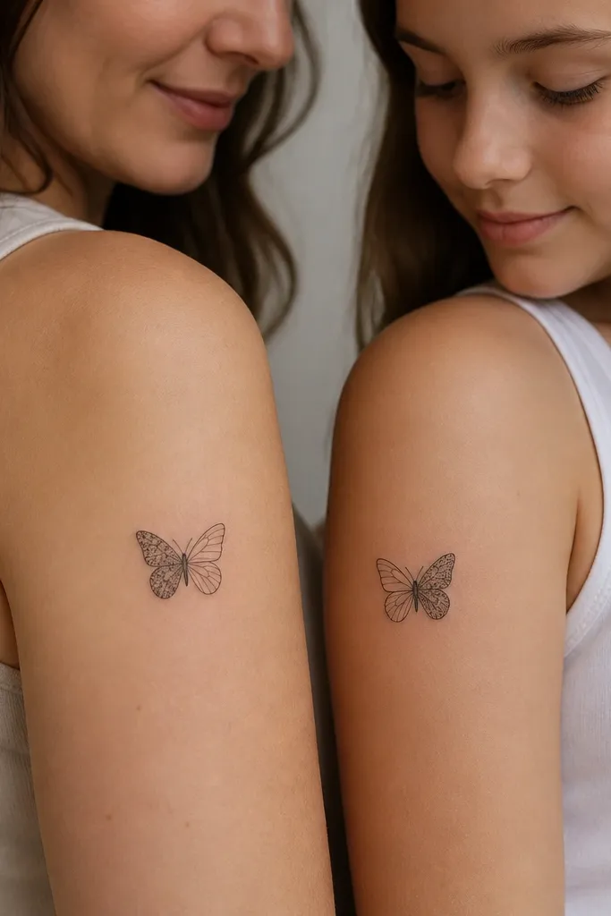 Two small butterflies. Mom's butterfly has a dotwork wing pattern only on the left wing; daughter's has the same pattern on the right wing. Both are on outer upper arms.