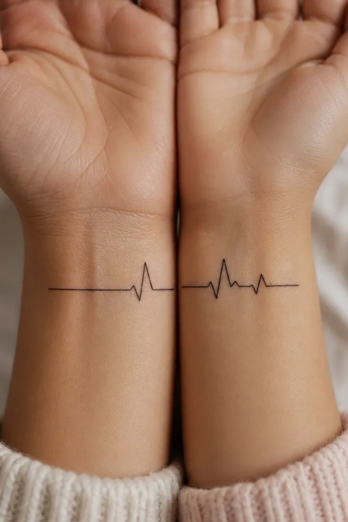 A thin black heartbeat line running horizontally across the wrist. Mom's piece ends at a peak spike; daughter's starts at the same spike and continues, forming the full rhythm when arms are side by side.