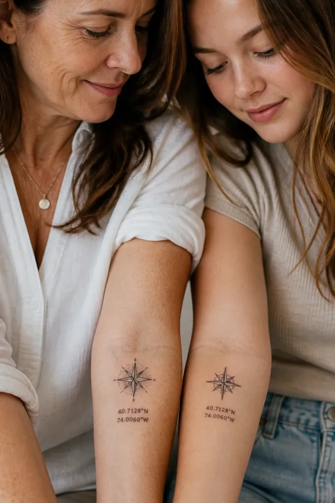 Mom has a small compass rose with soft dot shading and coordinates underneath. Daughter has the same coordinates with a simplified compass rose above, both in black ink on inner forearms.