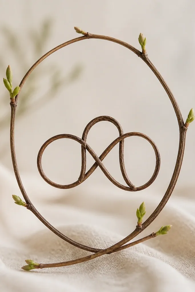 A thin branch that curves into a loose oval frame. Inside the oval, there is a small knot-like shape forming one initial for mom and the other initial for daughter.