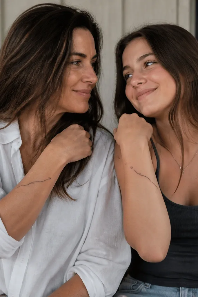 Mom has the first half of a short phrase in thin script on her forearm ending at a small five-point star. Daughter has the second half starting from the same star, matching the line style.