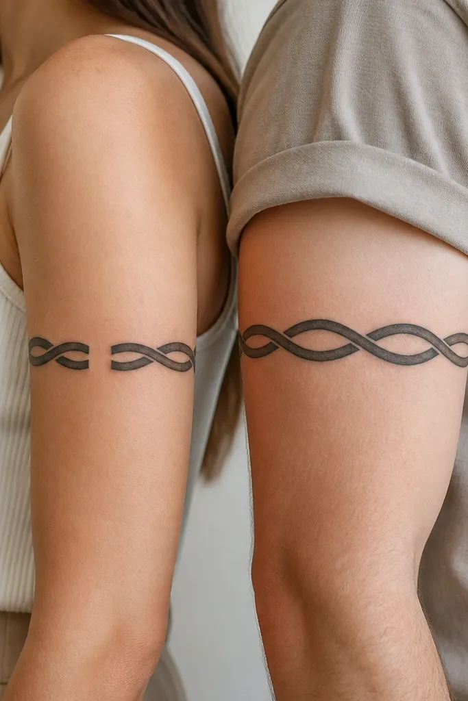 Two tattoos that wrap like bands: a black infinity knot drawn as a continuous ribbon on the upper arm for one person, and the other has the same infinity knot but split into two curved halves with a small gap.