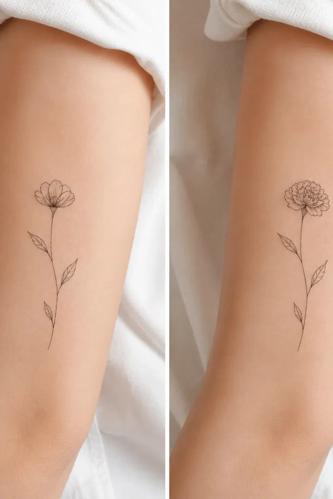 A delicate line-art stem with two small flowers: one tattoo shows a single flower head with leaves, the other shows the second flower head at the same spot. Both share identical stem and leaf shapes.