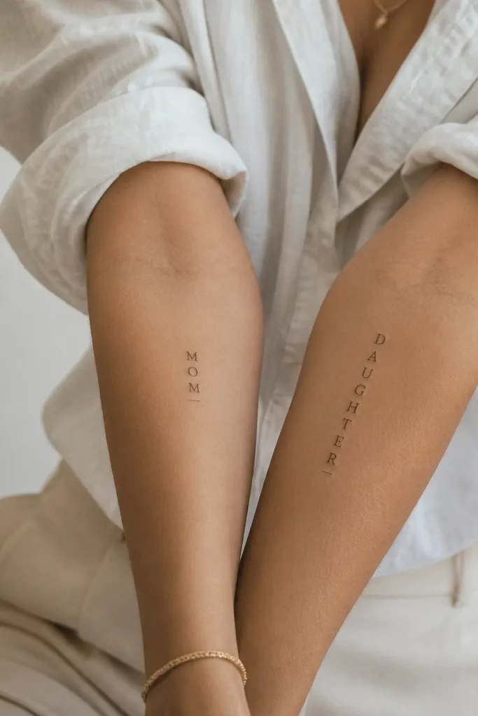 Two vertical tattoos on the forearm: both have the same serif layout and spacing. One says MOM in small caps; the other says DAUGHTER, with the same baseline and a tiny underline flourish.