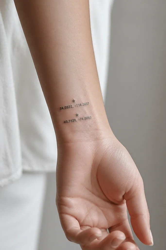 Two small tattoos near the wrist: one has a coordinate number set in black, topped with a tiny five-point star dot. The other has the second coordinate set with the same star dot and comma placement.