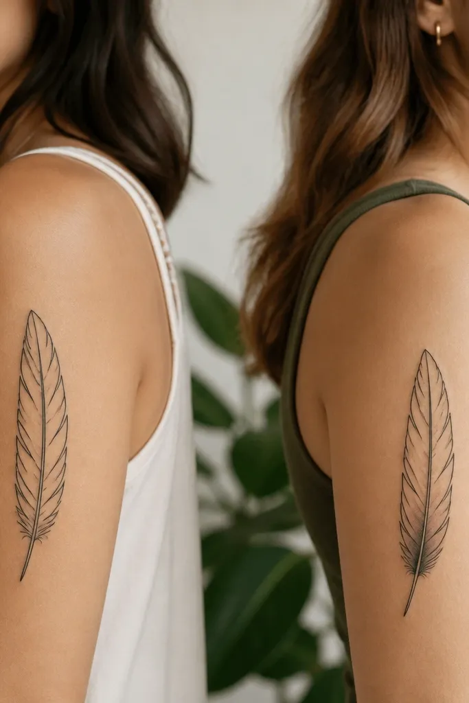 A feather on the upper arm with black outline and a few internal lines. One person has the feather fully outlined with minimal gray; the other has the same outline but with soft gray shading near the bottom quill.