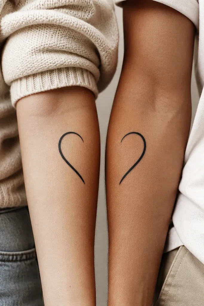 A heart drawn as two matching halves using negative space. One tattoo shows the left half heart shape in black outline; the other shows the right half. When placed side by side in a photo, the heart completes.
