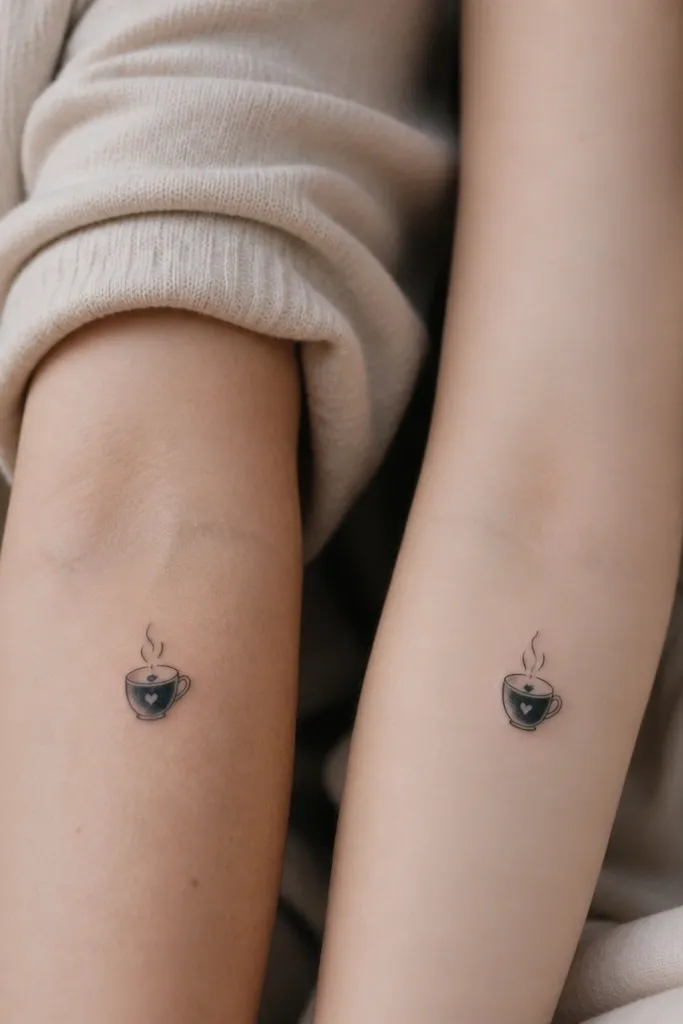 A small black tea cup with steam lines. Inside the cup rim, there's a tiny letter hidden near the bottom. One tattoo has the hidden letter for the mom, the other has the daughter's letter.