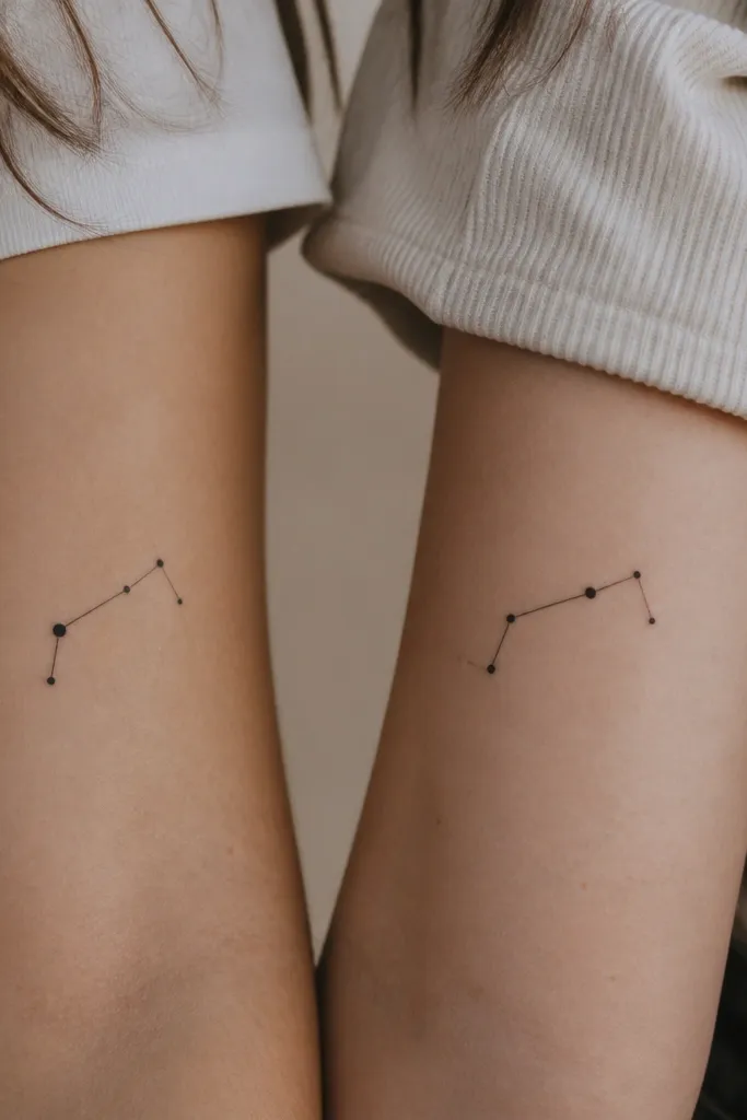 A small constellation of 5-7 dots connected by thin lines. One tattoo has one dot larger to represent a specific star; the matching tattoo keeps the same constellation but makes a different dot the larger one.