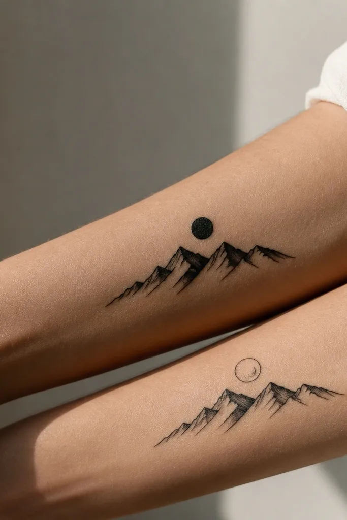 Two tattoos on the forearm: black mountain silhouette with a small sun circle. One has a solid black sun; the other has an outlined sun with a tiny crescent inside.