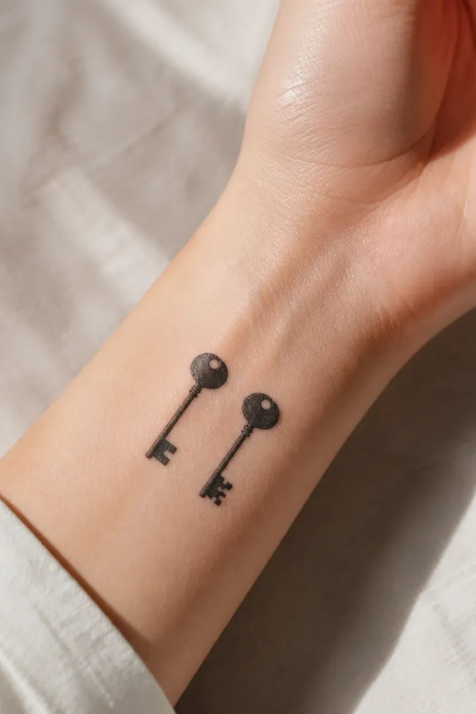 Two minimalist black keys on the wrist. The shaft and bow shape match exactly; the tooth pattern is different on each key. Both have a small circle near the bow.