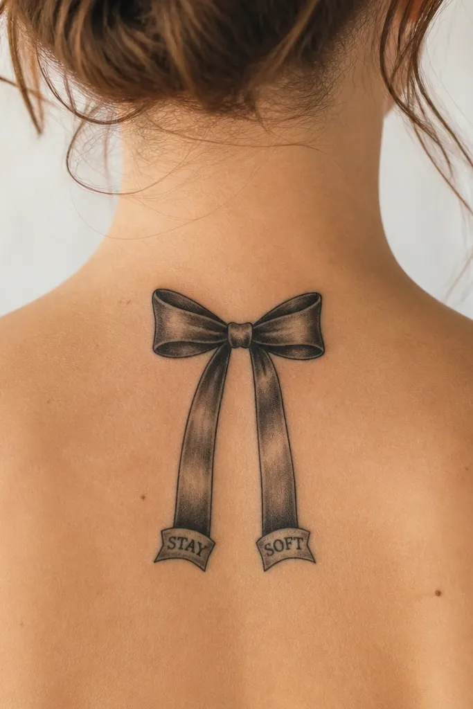 A black ribbon bow with two tails. One tattoo has the tail ending as a small banner with a single word; the other tail ends the same way but with a different word. The bow knot shape is identical.