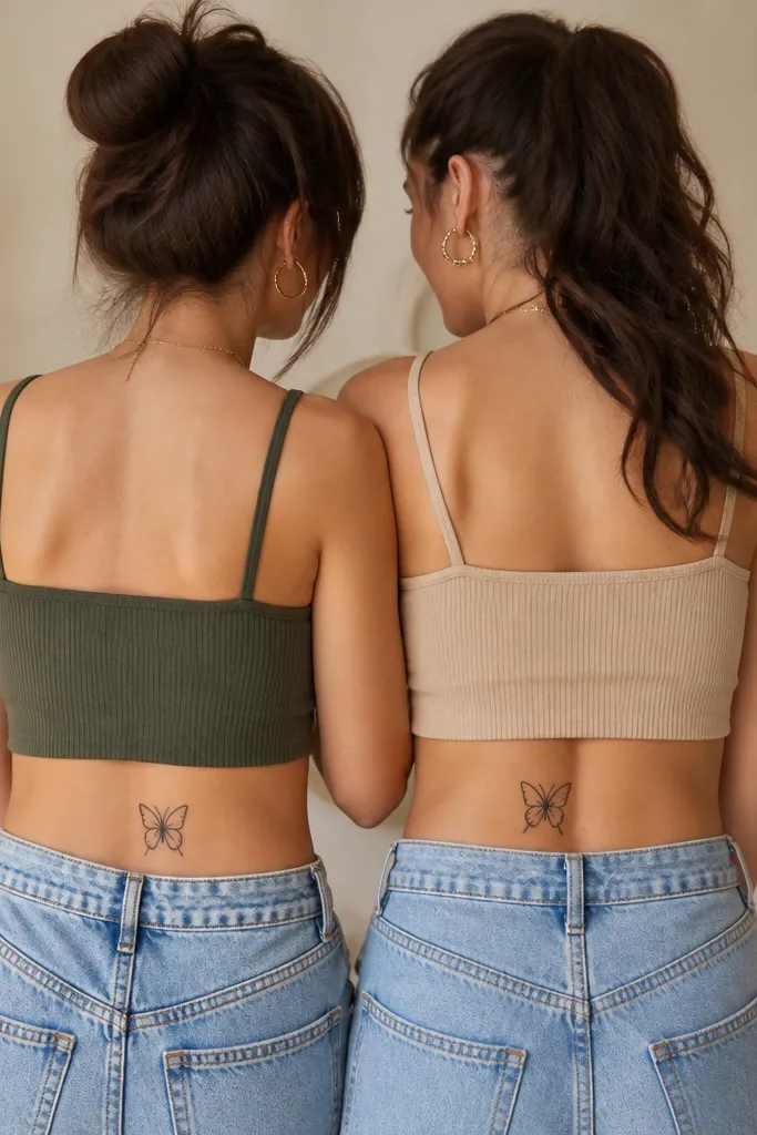 Two small minimalist butterfly tattoos on upper hips. The left person's butterfly has a distinct single curved vein line that continues as a matching arc on the right person's butterfly, so the pair feels like one design split between bodies.