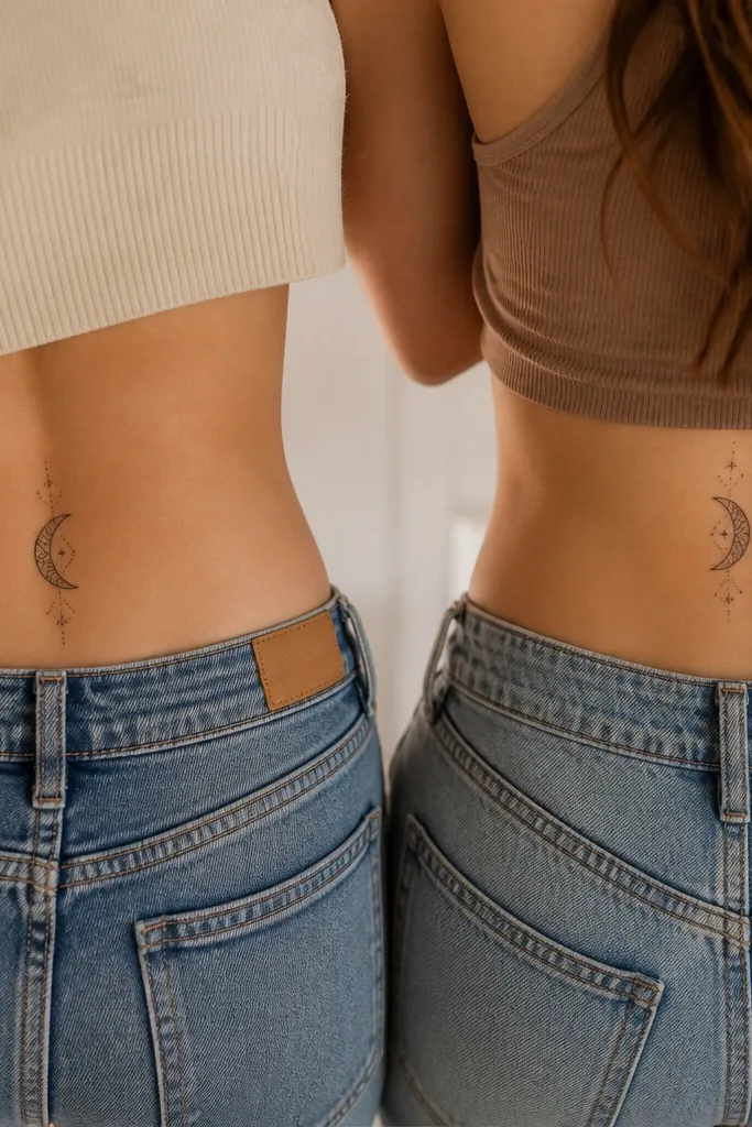Two matching small crescent moons, each about the size of a quarter. One moon is the left half on the left upper hip, the other is the right half on the other bestie's upper hip, aligned to feel like a full moon when standing close together.