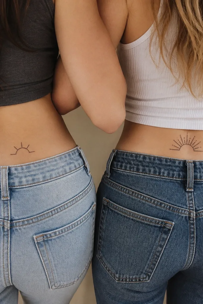 Two small sun designs split down the middle. One bestie has a half sun circle with three short rays; the other bestie has the complementary half circle and the other three rays, aligned to form a full minimal sun when standing close.